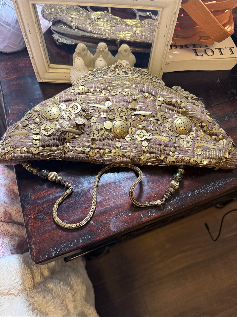 Embellished gold and Taupe Clutch. Made of brass embellishments. Vintage